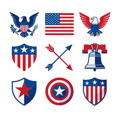 Collection of American patriotic symbols including eagles, flags, shields, arrows, and the Liberty Bell. © Note