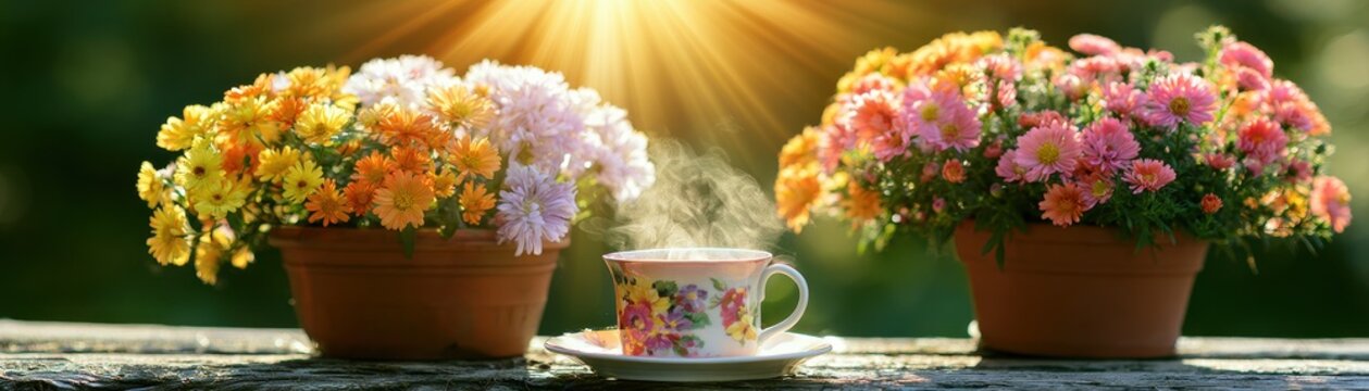 Steam rising from  floral tea cup placed between two terracotta pots filled with colorful chrysanthemums