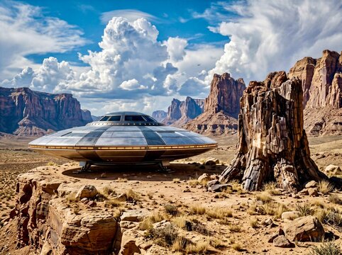 Amazing flying saucer ufo uap landed on the mesa in a dry desert mountain location near some dry tree stumps under a cloudy blue sky
