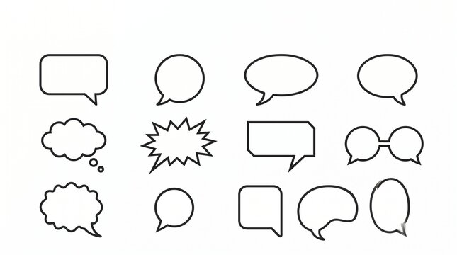 A diverse set of empty black outline speech and thought bubbles for communication.