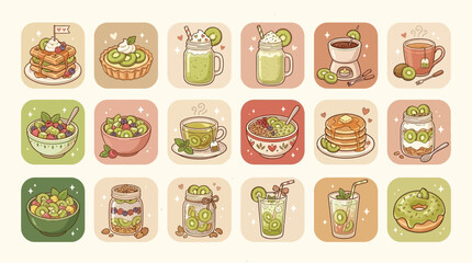 Obraz premium Collection of cute cartoon illustrations of various kiwi-themed food and drinks.
