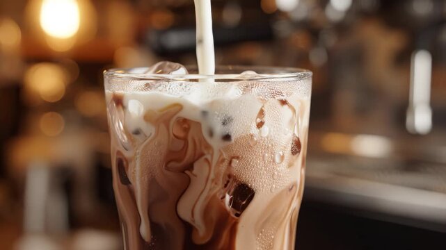 Coffee drink with milk being poured highlighting geometric patterns and contemporary art