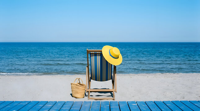 A sun-drenched beach scene featuring a striped deck chair and straw hat, with calm blue ocean waters in the background and a wooden boardwalk in the foreground