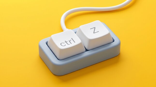 White "ctrl" and "Z" keyboard keys on a blue base with a white cable, set against a bright yellow background, symbolizing the undo function.