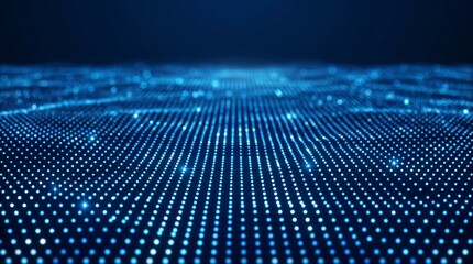 Fototapeta premium Abstract blue digital wave pattern with glowing particles on a dark background, representing data flow or technological advancement.