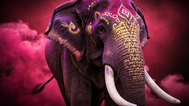 Majestic Decorated Elephant Portrait with Gold Ornate Patterns and Vibrant Pink Smoke Background for Cultural Festival and Spiritual Concept Art