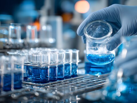Laboratory scientist pou blue chemical solution into a test tube in a scientific research laboratory setting