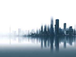 Fototapeta premium Modern city skyline with tall skyscrapers reflecting on water, urban architecture with futuristic high-rise buildings and cityscape view