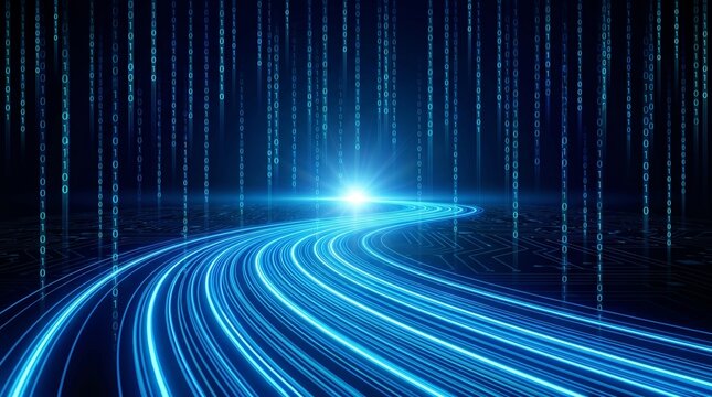 A futuristic digital data highway with glowing blue light trails and falling binary code streams, symbolizing high-speed information flow and technological advancement.