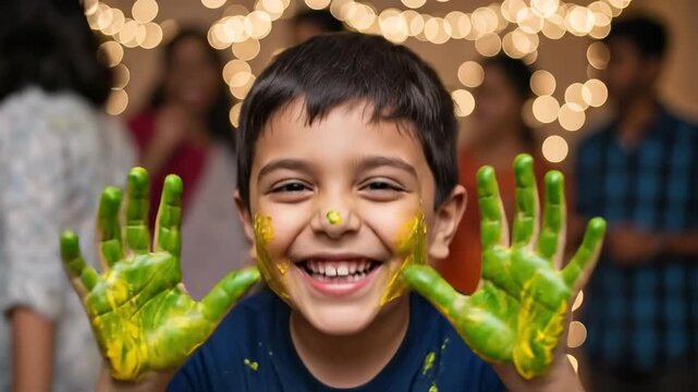 Happy young boy with green paint on hands and face smiling at camera, creative art activity for children, messy play concept, childhood joy and artistic expression