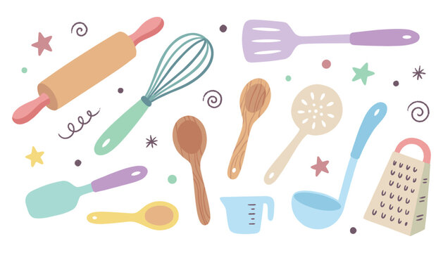 Pastel kitchen utensils vector illustration collection with rolling pin and baking tools equipment.