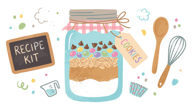 Homemade cookie recipe kit vector illustration with jar of ingredients and baking tools.