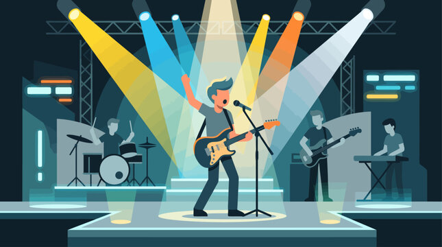 A vibrant flat design illustration showcases a band energetically performing on a large outdoor festival stage, with dynamic lighting capturing the excitement of a live concert.