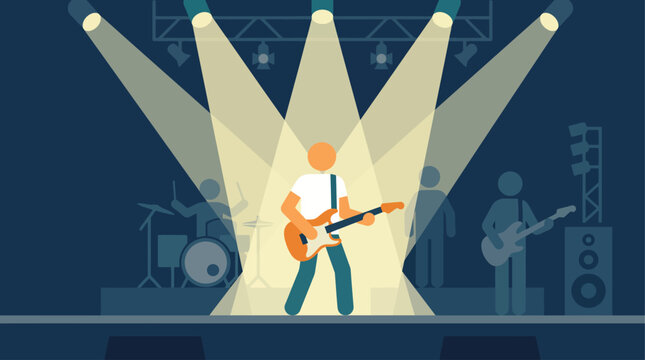 A vibrant flat design illustration showcases a band energetically performing on a large outdoor festival stage, with dynamic lighting capturing the excitement of a live concert.