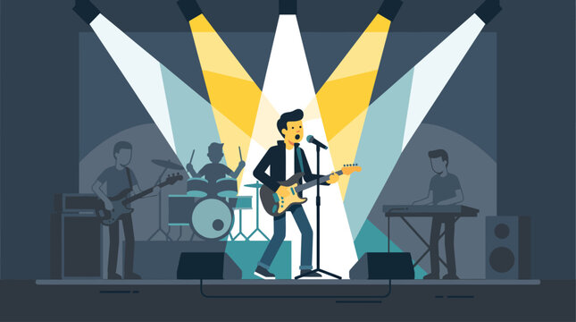 A vibrant flat design illustration showcases a band energetically performing on a large outdoor festival stage, with dynamic lighting capturing the excitement of a live concert.