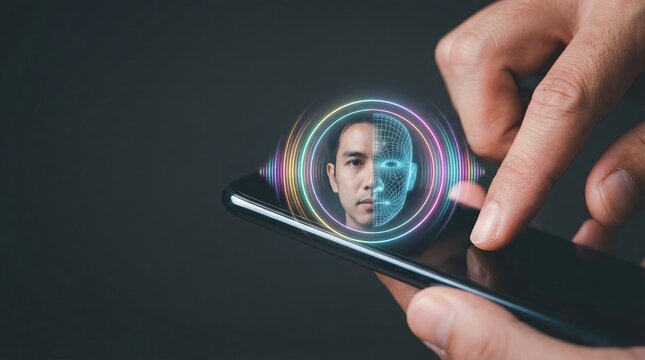 Ai voice cloning call scam translation language speech synthesis technology concept with human face recognition on smartphone screen