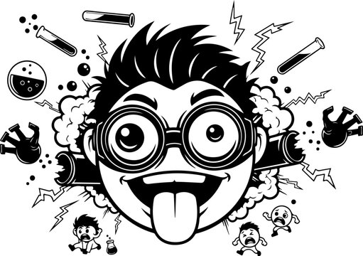 Mad scientist crazy emoji face with chemistry lab equipment and explosion smoke backdrop.