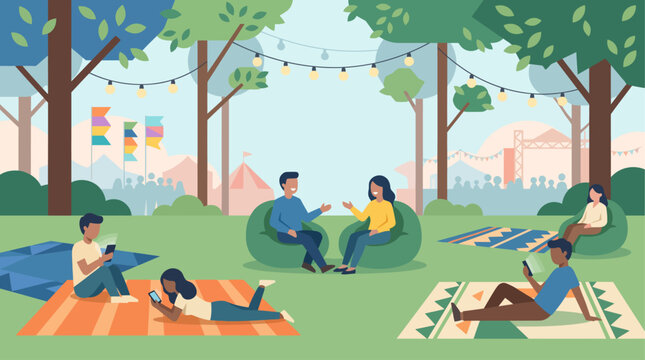 This flat design illustration depicts festival-goers unwinding in a comfortable chill-out zone, showcasing a moment of relaxation amidst the energetic festival environment.