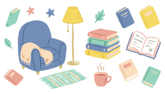 Comfortable reading space vector illustration with armchair, floor lamp, and many books.