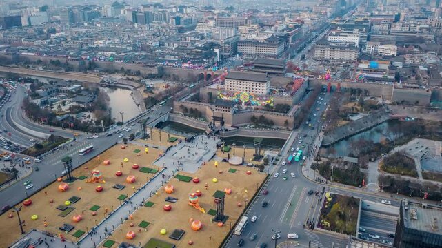 Aerial View of Xi'an South Gate and Ancient City Wall at Dusk in Xi an South Gate, China