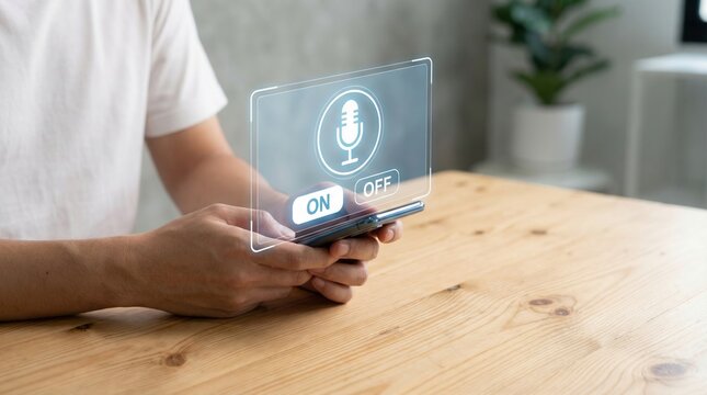Ai voice call speech synthesis language translation cloning scam concept with person holding smartphone and microphone icon on wooden table