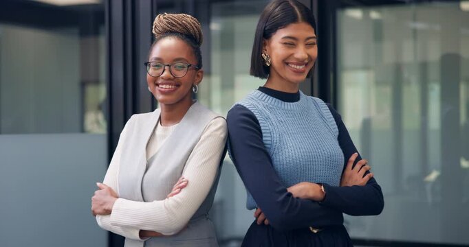 Happy, face and businesswomen with arms crossed in office, team and pride for wealth management job. Corporate, financial advisor and people with smile for business growth, laugh and collaboration