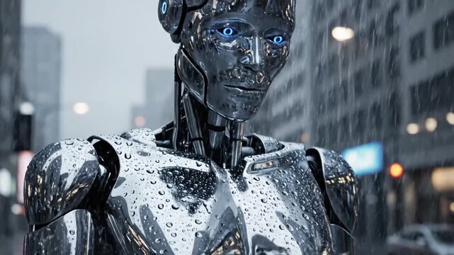 Metallic humanoid robot standing on city street in rain