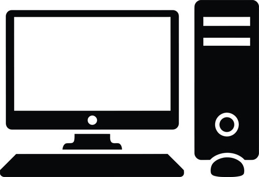 Simple desktop computer workstation icon with tower monitor and keyboard computer workstation