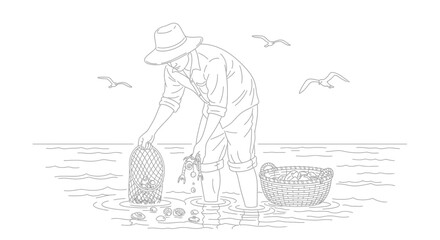 Fototapeta premium Fisherman collecting shellfish in shallow water, illustration