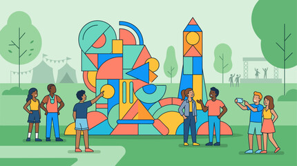 Fototapeta premium This flat design illustration captures attendees interacting with a striking, abstract art installation, showcasing the cultural and artistic dimension of a music festival.