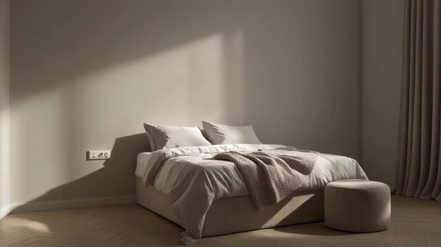 Minimalist bedroom with a neatly made bed and soft natural light