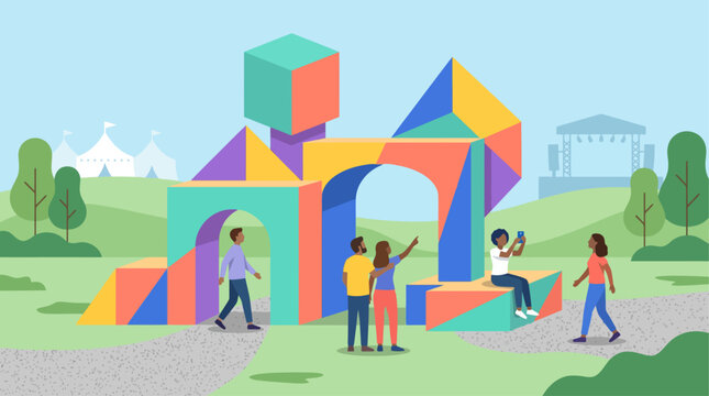 This flat design illustration captures attendees interacting with a striking, abstract art installation, showcasing the cultural and artistic dimension of a music festival.