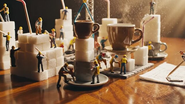 Miniature workers building a sugar cube construction site