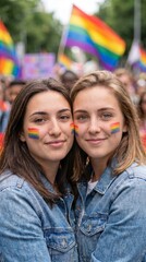 Fototapeta premium Generative AI: Portrait of two happy young women with rainbow face paint hugging at an LGBTQ+ Pride parade, diversity and equality concept
