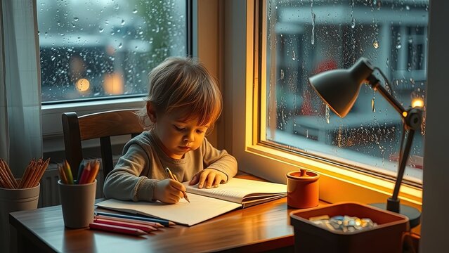 Young child absorbed in drawing at a warm wooden desk beside a rain-streaked window, illustrating focus and creativity during a cozy indoor afternoon