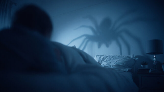 Nightmare scenario spider shadow haunting a sleepless individual in a dimly lit bedroom