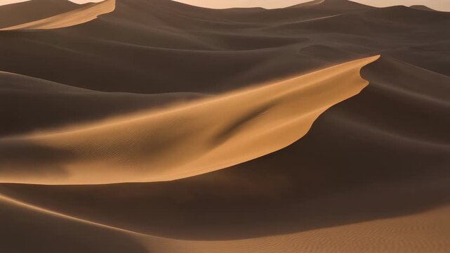 Sunlit sand dunes creating smooth, flowing patterns in a desert landscape