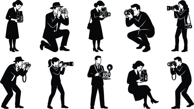 Vintage illustrators taking photos in various poses