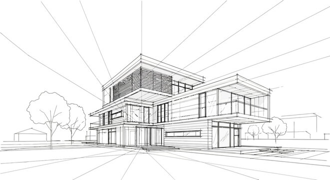 Architectural blueprint drawing of a modern house with a sleek facade and large glass windows, showcasing contemporary design principles