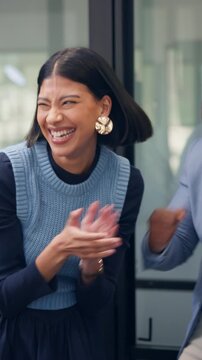 Business, woman and team with handstack in office for good news, real estate success or celebration. Excited, people or applause with staff for property deal, realtor motivation and auction milestone