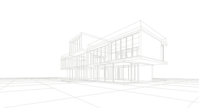 Architectural wireframe sketch of a modern multi-story building, with contemporary design, clean lines, large windows, and a structural blueprint for property development
