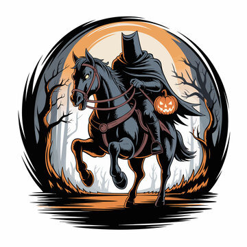 Black horse with rider and pumpkin.