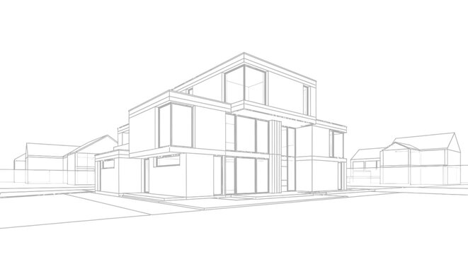 Line drawing architectural rendering of a modern multi-story residential house with large windows