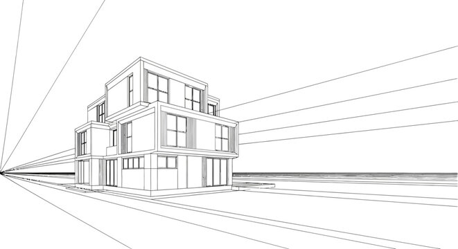 Architectural rendering of a modern multi-story house, showcasing geometric design and clean lines with a perspective view