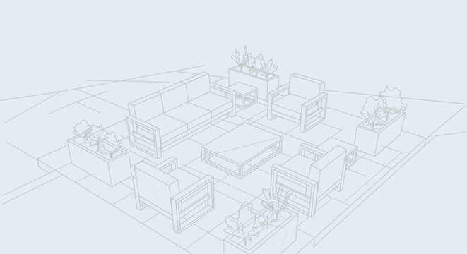 Modern Outdoor Living Space Wireframe Illustration Contemporary Patio Furniture Arrangement and Terrace Design Blueprint for Garden Layout