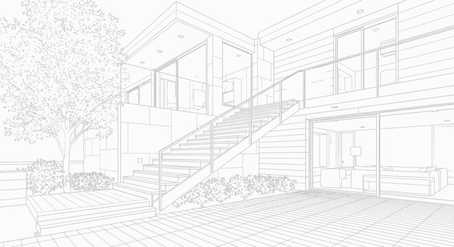 Detailed architectural line drawing of a modern, contemporary house exterior design, showcasing a minimalist residential structure and elegant home blueprint concept for future living spaces