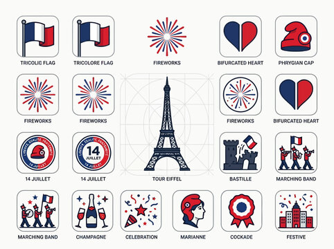 Bastille Day Icon Set: French National Day Symbols with Eiffel Tower, Tricolore Flag, Phrygian Cap, and Marianne - Vector Illustration for 14 Juillet Celebration