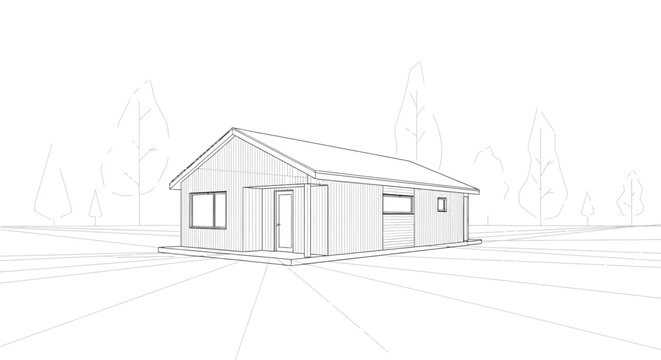 Architectural line drawing of a modern minimalist single-story house, perfect for residential blueprints, home design concepts, and urban development illustrations