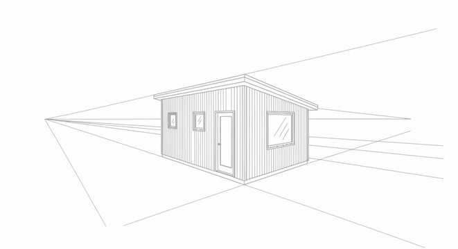 Detailed architectural line drawing of a modern, minimalist building rendered in two-point perspective, perfect for design education and conceptual visualizations