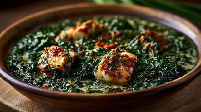 Comorian Mataba, finely chopped cassava leaves cooked in creamy coconut milk with fresh fish pieces and aromatic spices